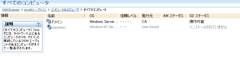 ドメインに接続する DSM エージェントを持つネットワーク上のアセットに関する情報を示すスクリーンショット