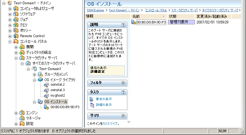 DSM エクスプローラのブート サーバ ビューを示すスクリーンショット