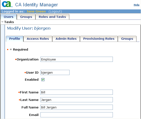 Screen showing the fields required to Modify User Task along with other related tabs