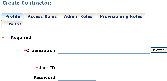 Screen showing the fields required to create a contractor user profile along with other related tabs.