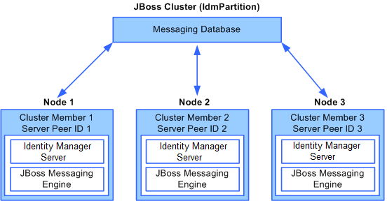 This example of a JBoss cluster shows a messaging database and three nodes, which each contain one member.