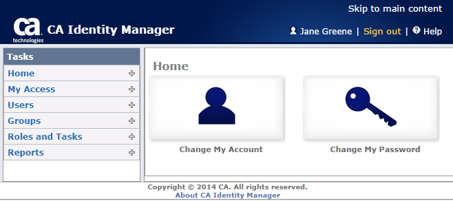 Sample User Console for a user with the User Manager role