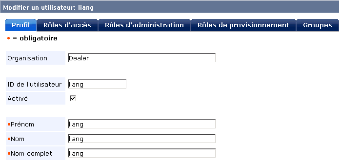 Capture d'écran affichant les onglets liés à la tâche Modifier un utilisateur