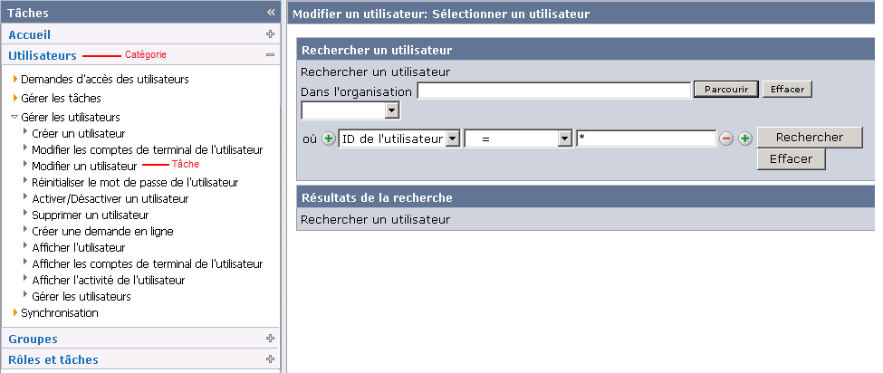 Capture d'écran illustrant les catégories et les tâches