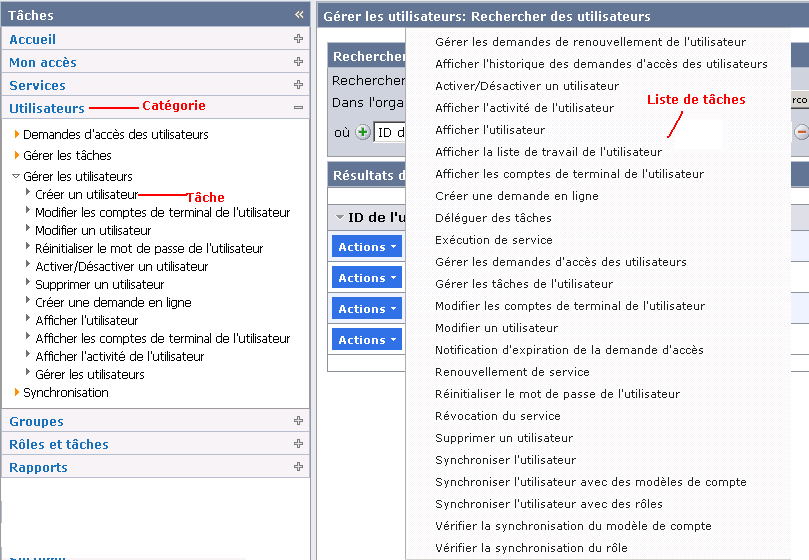 Capture d'écran illustrant les listes de tâches dans la console d'utilisateur