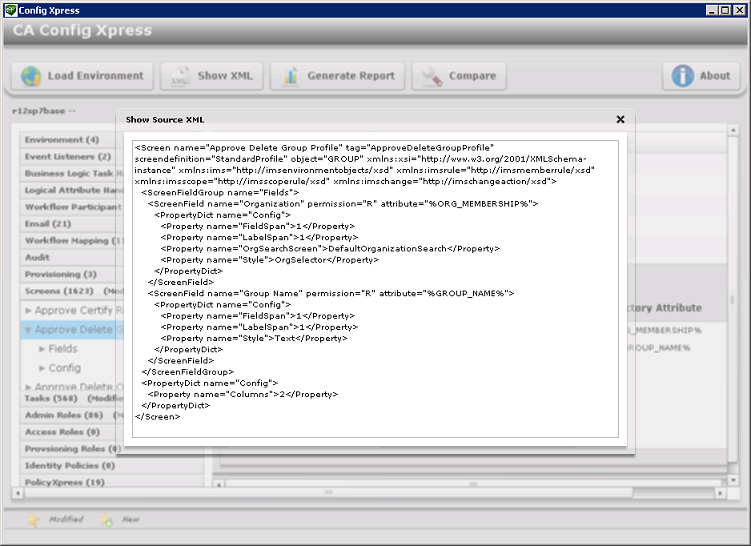 Schermata dello strumento Config Xpress che mostra la visualizzazione della configurazione XML