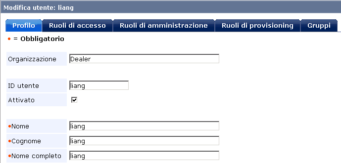 Schermata che mostra le schede associate all'attività Modifica utente