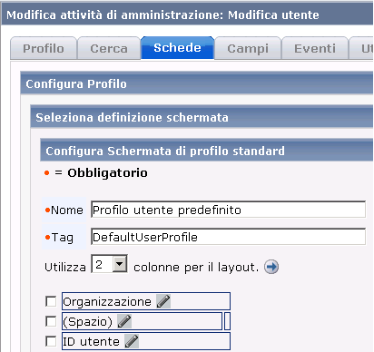 Schermata che mostra i campi richiesti per la modifica delle attività utente dell'amministratore e le relative schede