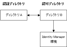 図は、認証ディレクトリが認可ディレクトリによって Identity Manager 環境に接続されることを示します