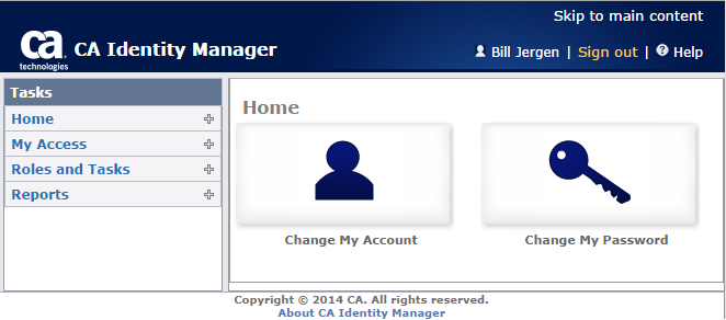 Identity Manager 화면에 더 적은 수의 탭과 함께 역할 매너저 로그인이 표시됨