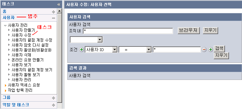 범주와 태스크를 나타내는 화면