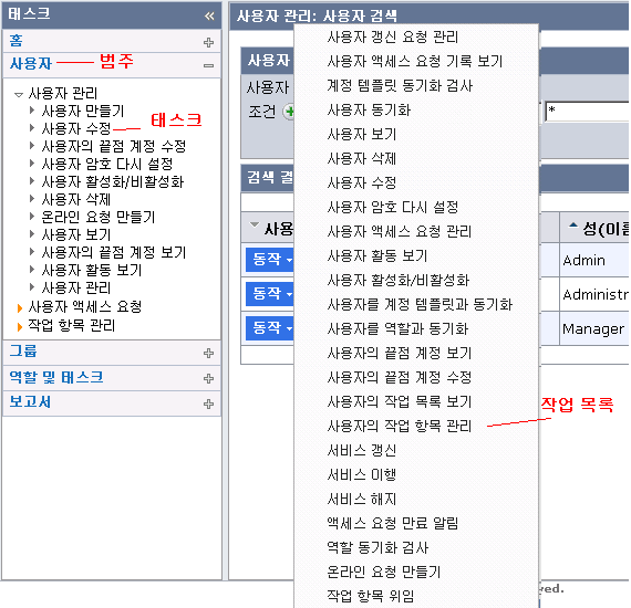 사용자 콘솔의 태스크 목록을 표시하는 화면