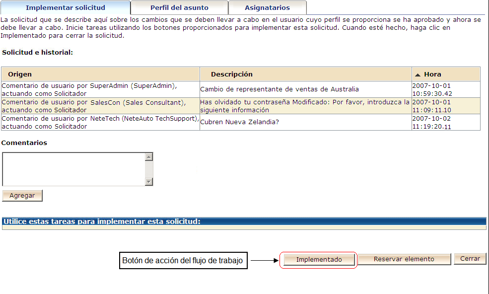 Botón de acción de flujo de trabajo en tarea de aprobación