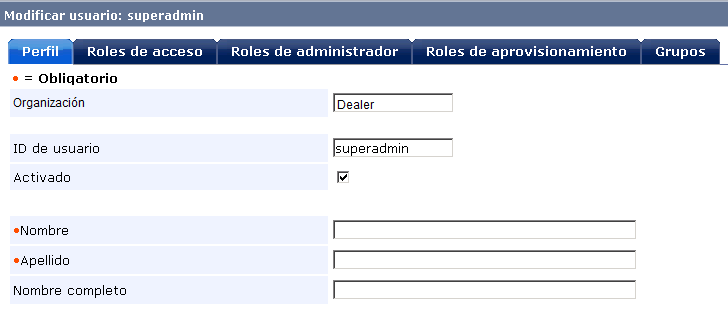 Pantalla que muestra fichas relacionadas con la tarea Modificar usuario