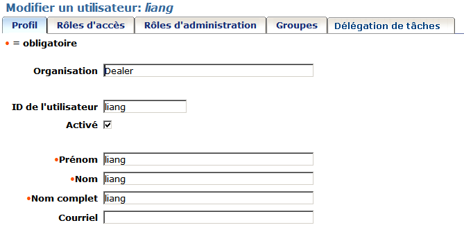 Onglet Exemple de modification de profil d'utilisateur