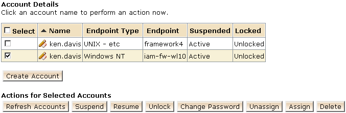 A tela mostra uma lista de contas para exibir ou modificar um usuário
