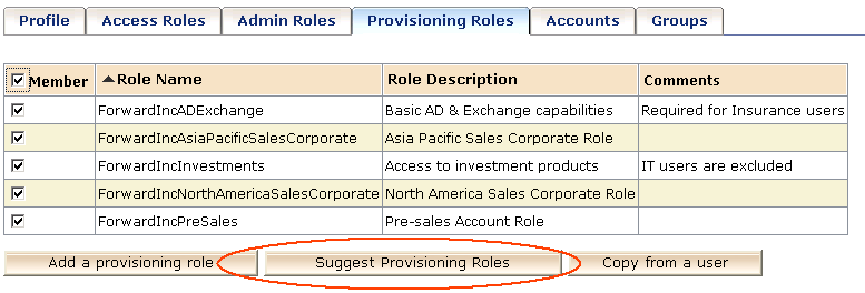 Suggest Roles Button on the Provisioning Roles Tab