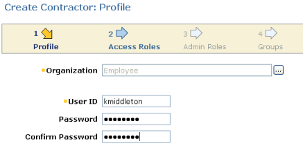 Screen showing the wizard to create a contractor user profile