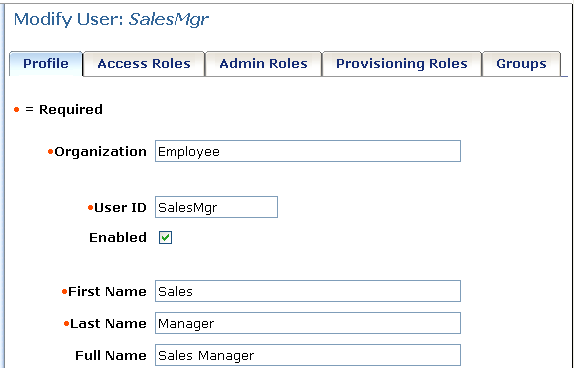 Sample Modify User Profile tab