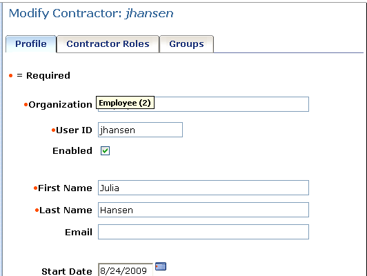 Sample Profile Tab for the Modify Contractor task