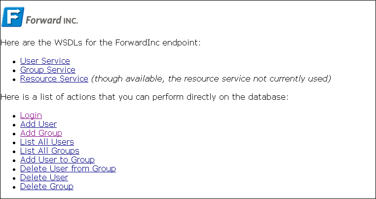 This sample web page lists the WSDLs for the Forward Inc endpoint, plus the actions that you can perform on the database