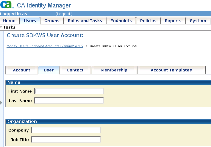 In the main Users tab, the User sub-tab contains information about the user's name and organization