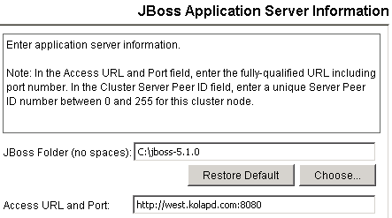 The JBoss screens show the JBoss home directory and system URL and port.