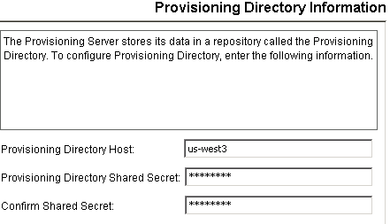 The user enters Provisioning Directory information.