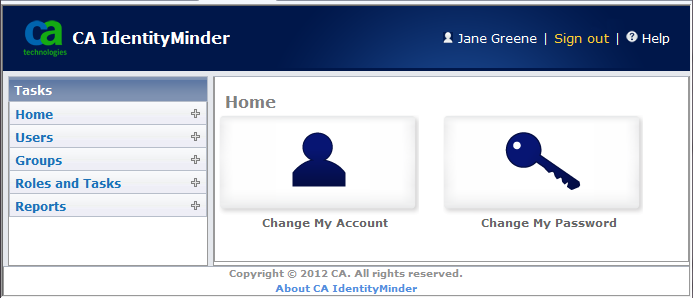 Sample User Console for a user with the User Manager role