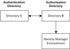 The diagram shows an authentication directory is connected to Identity Manager environment through an authorization directory