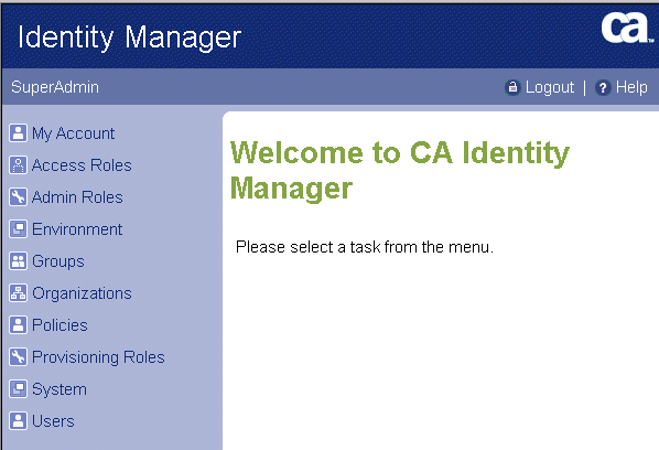 Identity Manager User Console Screen