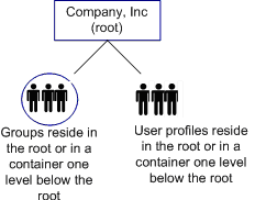 Diagram shows no organizations structure where the directory does not include organizations. Users and groups are stored at the search root or in a container one level below the search root.