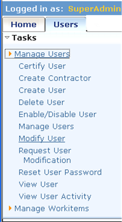 The Users tab displays the tasks that an admin has for managing users.