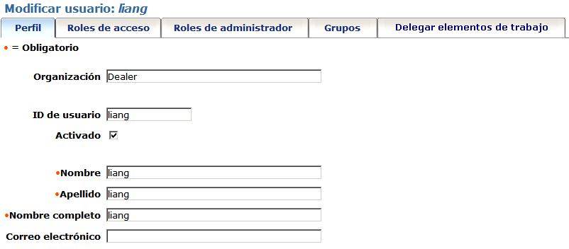 Ejemplo de la ficha Perfil en Modificar usuario