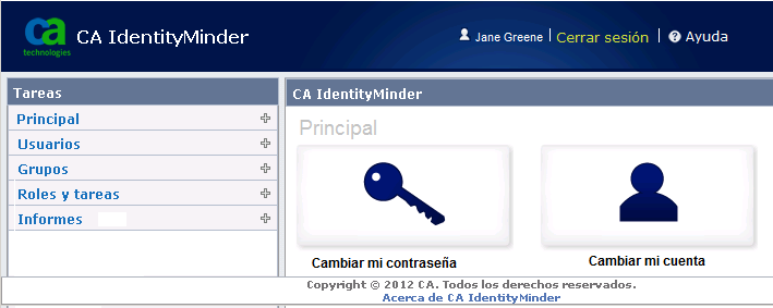 Consola del usuario de muestra para un usuario con el rol Gestor de usuarios