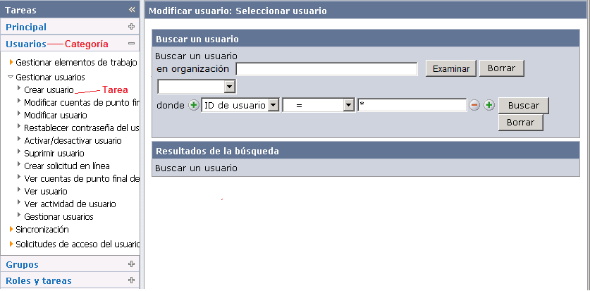 Pantalla que muestra las categorías y tareas