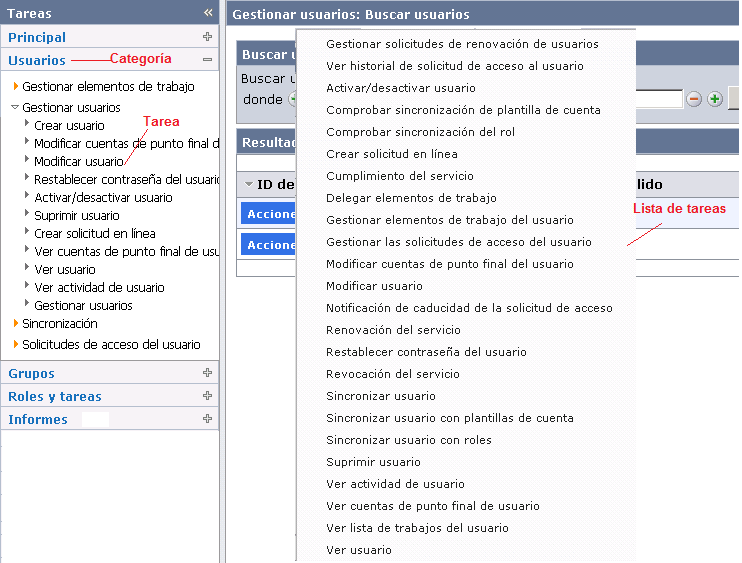 Pantalla que muestra listas de tareas en la Consola de usuario