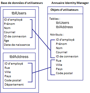 Graphique illustrant le mappage d'attributs dans une base de données d'utilisateurs vers un annuaire