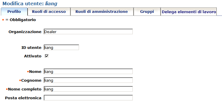 Scheda Profilo di esempio dell'attività Modifica utente