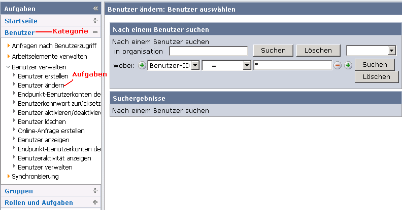 Fenster mit Kategorien und Aufgaben