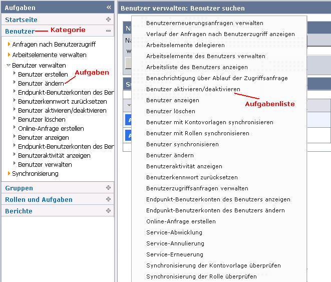 Fenster mit Aufgabenlisten in der Benutzerkonsole