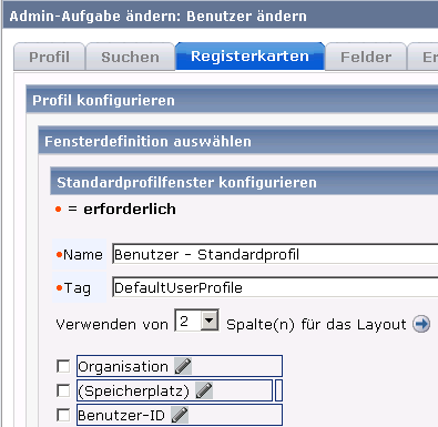 Fenster mit Feldern, die erforderlich sind, um Admin-Benutzeraufgaben zu ändern, und andere zugehörige Registerkarten