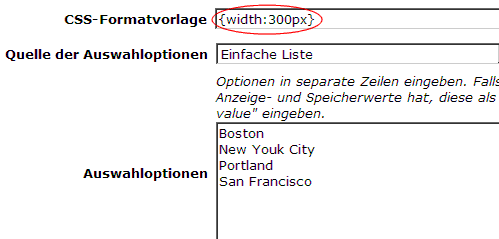 Feld "CSS-Formatvorlage"
