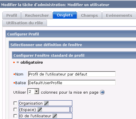 Capture d'écran affichant les champs requis pour modifier des tâches d'administrateur ainsi que les autres onglets associés