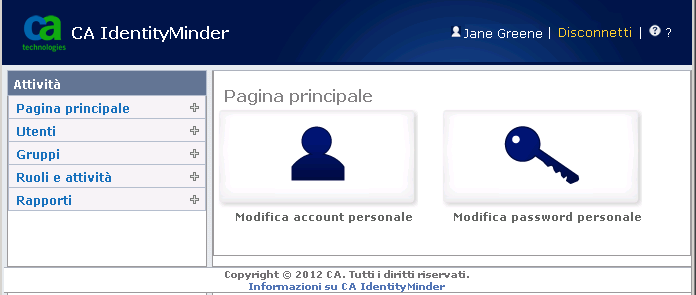 Esempio di console per un utente con ruolo di manager utente