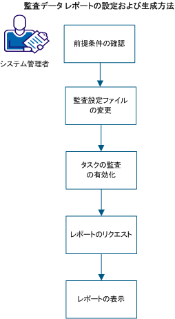 図では、システム管理者が監査を設定して、監査データ レポートを生成する方法を示します