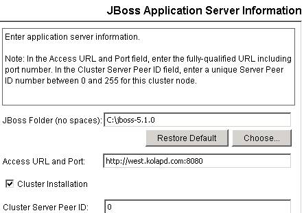 ユーザが JBoss 情報を入力します。