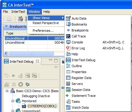 This scren displays the CA InterTest views.