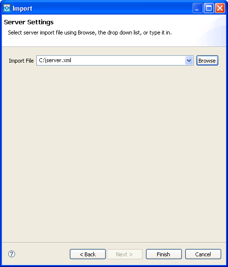 This dialog shows the path to the file containing the server settings.