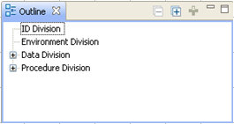 Outline view displays the four COBOL divisions.